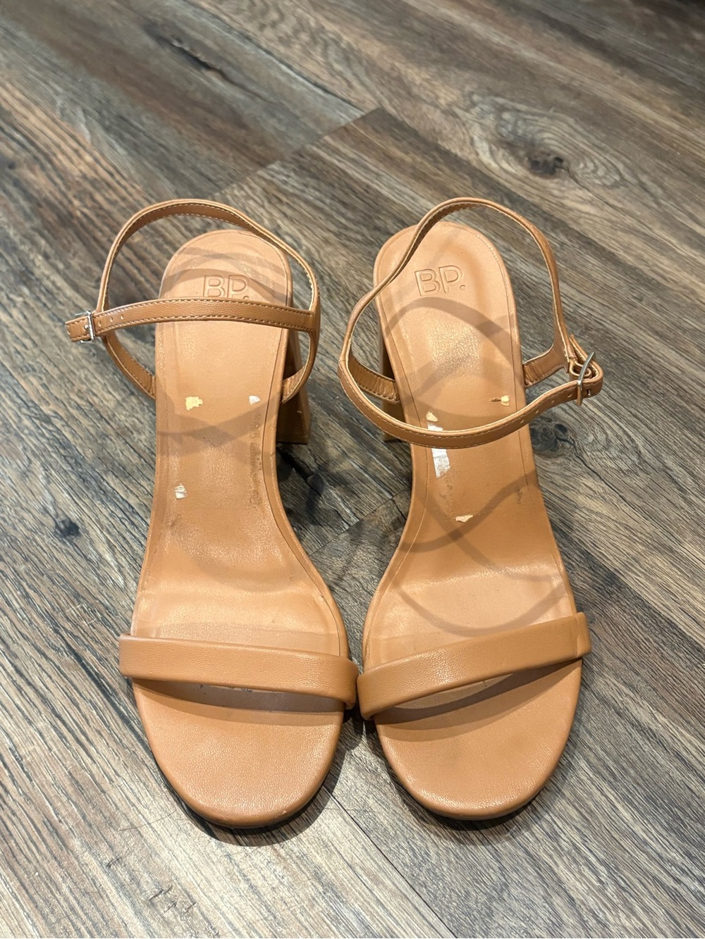 bp Tan Minimalist Ankle-Strap Block Heel Sandals